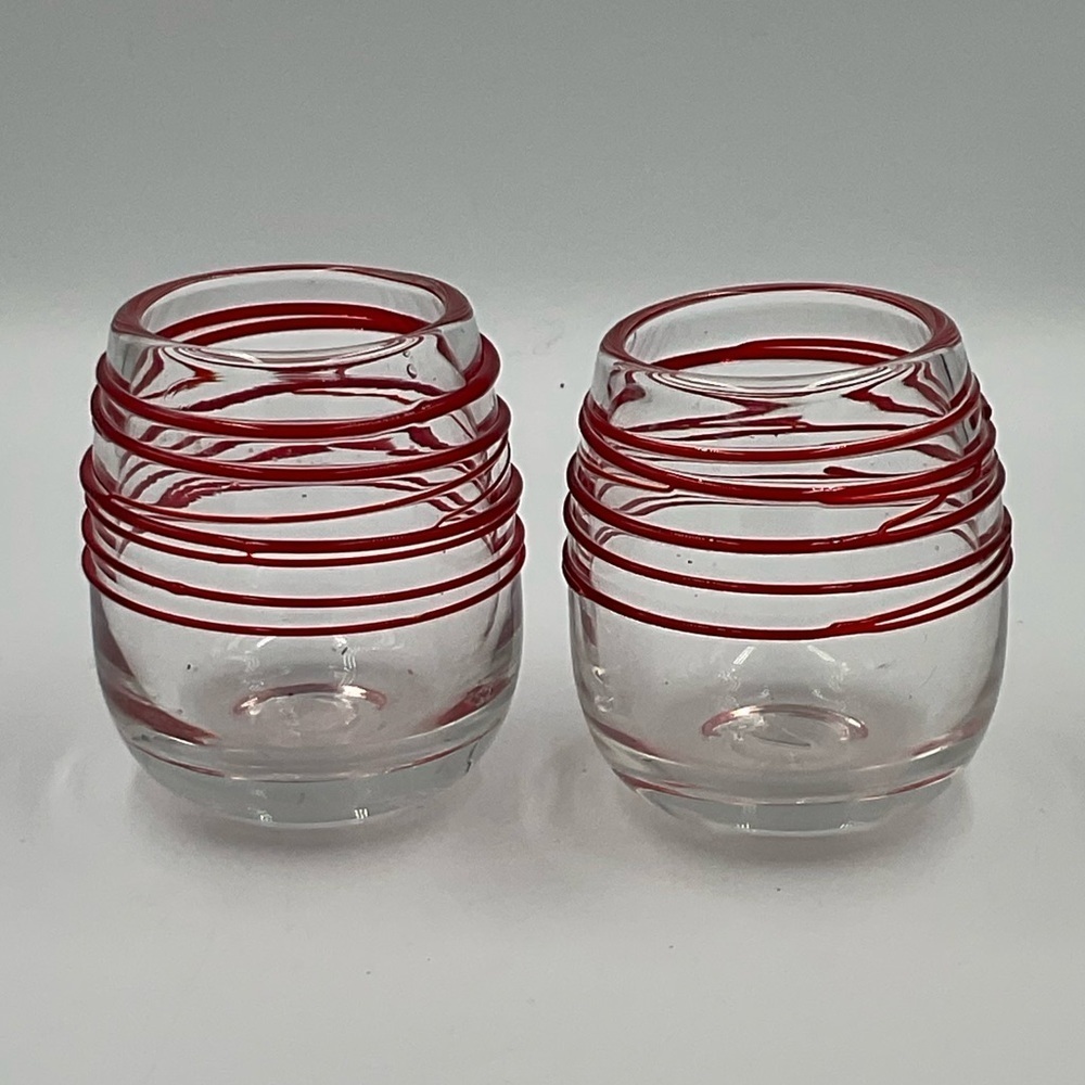 2 Hand Blown Art Glass Candle Votive Holders Clear With Red Spun Glass Accents